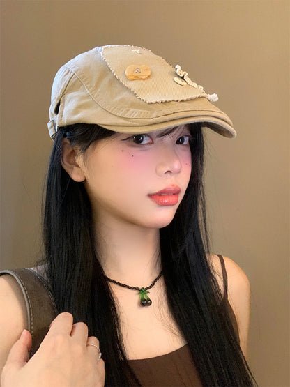 Original Patchwork Baseball Cap with Buttons and Lace - Trendy and Casual Design, Perfect for Daily Wear and Casual Outings for Women