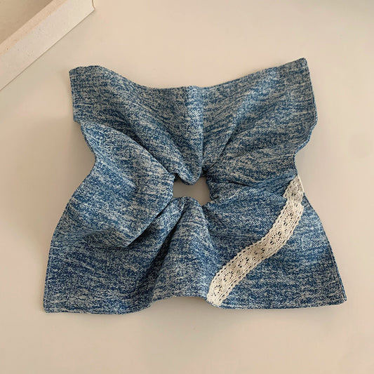 Original Denim Scrunchie Design with Blue Denim and Lace Accent – Casual, Cute for Daily Wear, Casual Outings, Hair Accessories, Ideal for Keeping Your Hair in Place While Adding Style and Comfort for Women