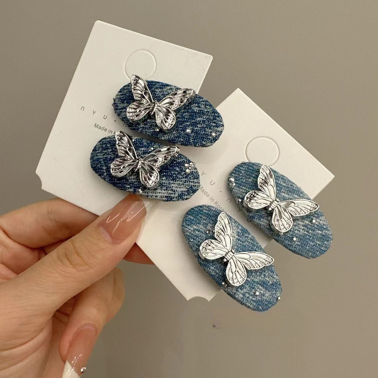 Original Denim Hair Clips Design with Blue Denim and Silver Butterfly Accents – Elegant, Trendy for Casual Wear, Hair Styling, Daily Use, Ideal for Adding a Stylish and Chic Accent to Your Hairstyling for Women