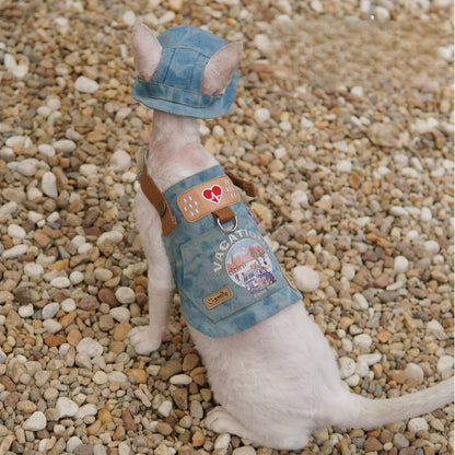 Trendy Denim Pet Outfit with Vacation Graphic and Adjustable Harness - Casual, Fun, Comfortable Design for Outdoor Walks, Photo Shoots, and Casual Outings for Pets