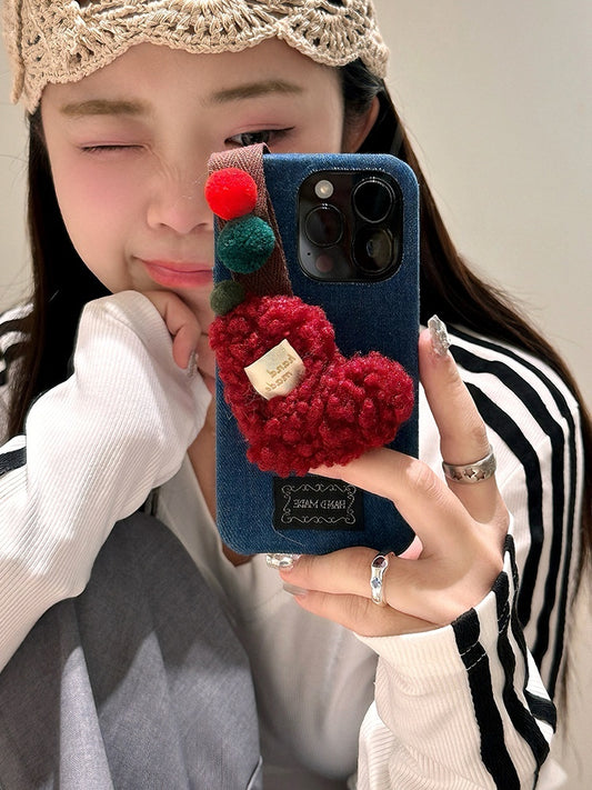 Denim fabric laminated with TPU Original Phone Case with Pom-Pom Accents - Playful and Artistic Design, Ideal for Everyday Use and Casual Outings for Women