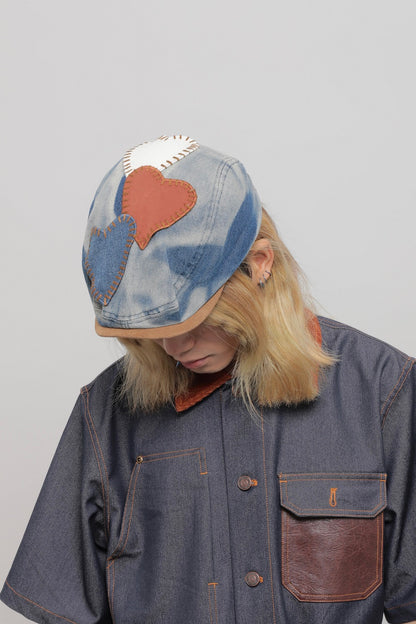 Original Denim Baseball Cap Design with Patchwork Denim and Heart-Shaped Leather Appliqués – Vintage, Artistic for Casual Wear, Street Fashion, Statement Styling, Ideal for Adding a Creative and Nostalgic Touch to Any Outfit for Unisex