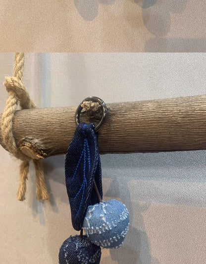 Original Denim Keychain with Handmade Cherry-Shaped Charm and Embroidered Details - Rustic, Artistic Design for Key Holder, Bag Charm, and Decorative Accessory, Lightweight, Durable, Handcrafted for Unisex