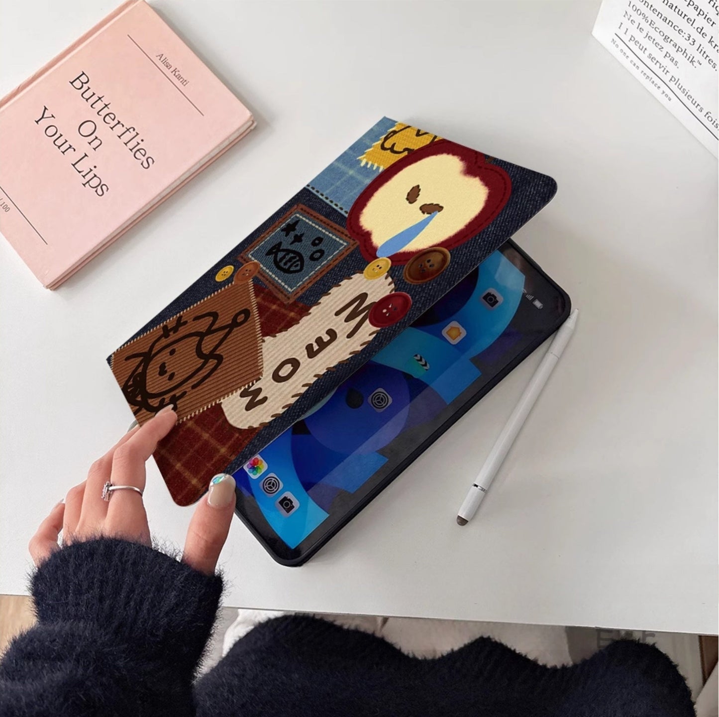 Denim Style TPU Patchwork Trendy Patchwork iPad Folio - Cute Cartoon Design, Durable and Stylish for Work, Study, and Leisure, Ideal for Unisex