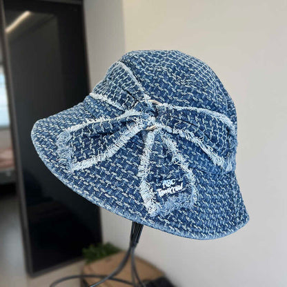 Trendy Blue Denim Bucket Hat with Frayed Bow Accent and Embroidered Logo - Playful, Casual Design, Lightweight and Adjustable for Casual Wear, Outdoor, and Weekend Outings for Women