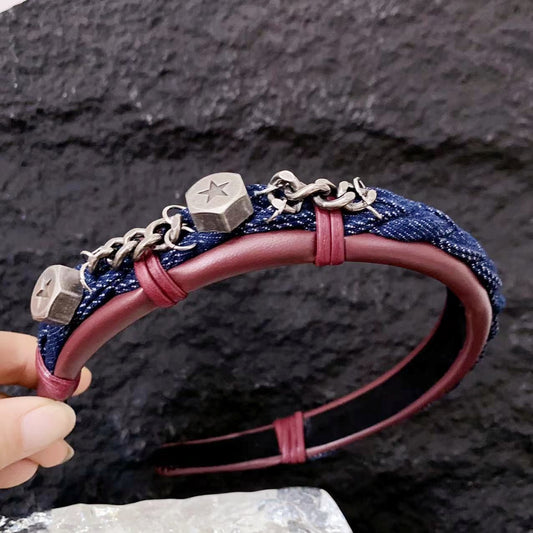 Original Denim Hairband with Metal Charms - Edgy and Trendy Design, Perfect for Casual Wear and Fashion Accessories for Women