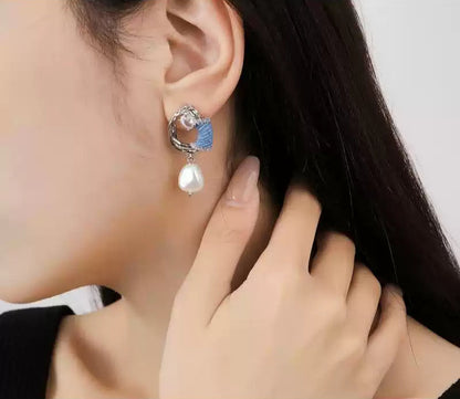 Original Denim Earrings Design with Blue Denim and Crystal Pearl Embellishments – Stylish, Elegant for Casual Outings, Special Occasions, Daily Wear, Ideal for Adding a Chic and Sophisticated Touch to Any Outfit for Women