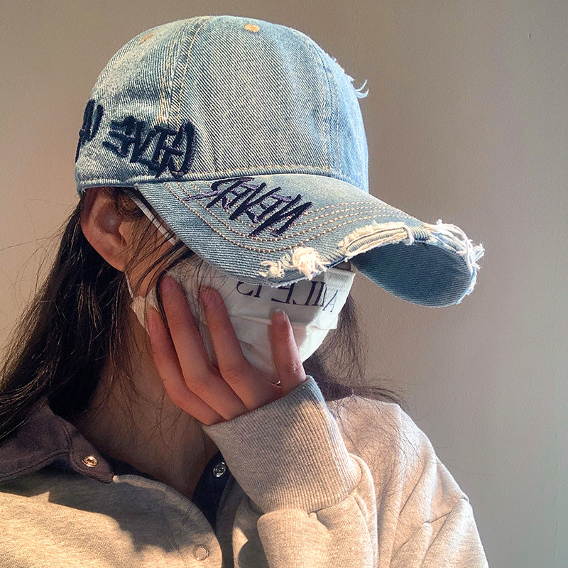 Original Distressed Denim Baseball Cap with Embroidered Text - Trendy and Casual Design, Ideal for Casual Wear and Outdoor Activities for Women