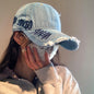 Original Distressed Denim Baseball Cap with Embroidered Text - Trendy and Casual Design, Ideal for Casual Wear and Outdoor Activities for Women