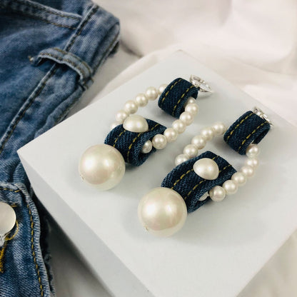 Original Denim Pearl Earrings Design with Blue Denim and Large Pearl Embellishments – Elegant, Stylish for Casual Outings, Special Occasions, Daily Wear, Ideal for Adding a Chic and Versatile Touch to Your Look for Women