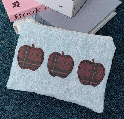 Original Pouch with Denim Fabric, Plaid Apple Embroidery, and Zip Closure - Casual, Vintage-Inspired Design, Perfect for Storing Makeup, Stationery, and Small Essentials for Women