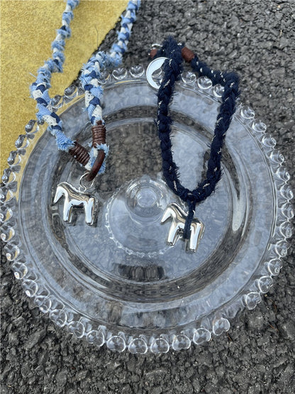 Original Denim Necklace with Braided Denim Cord and Metallic Horse Charm - Rustic, Bohemian Design Lightweight, Adjustable, Durable for Casual Wear, Festival Fashion, and Layered Accessorizing  for Unisex