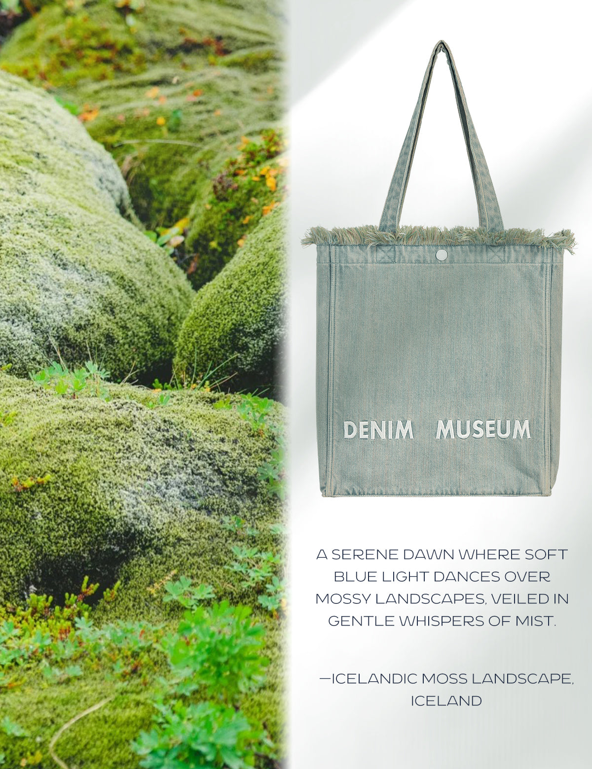 DENIM MUSEUM Forest of Solitude Denim Tote – Três tons de azul inspirados na mística da natureza, com detalhes de franjas sonhadoras