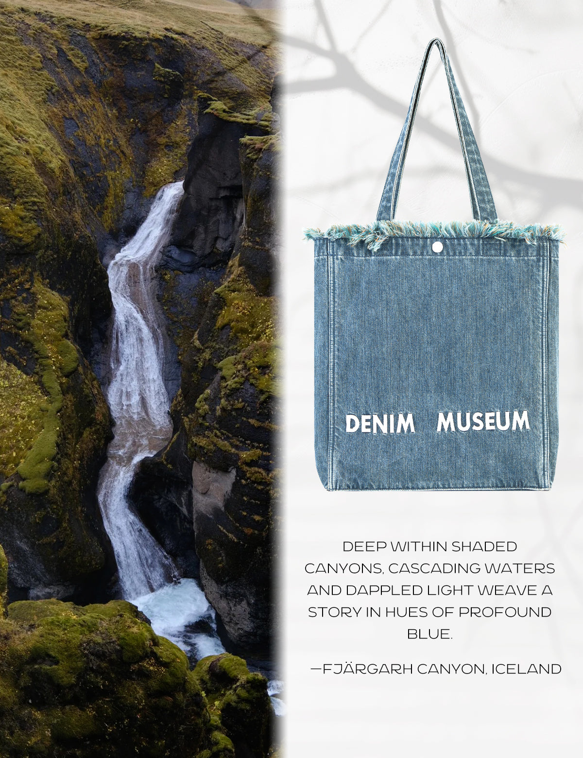 DENIM MUSEUM Forest of Solitude Denim Tote – Três tons de azul inspirados na mística da natureza, com detalhes de franjas sonhadoras