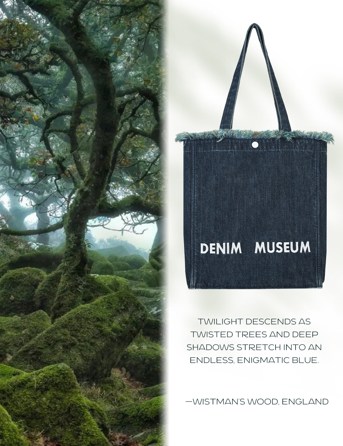 DENIM MUSEUM Forest of Solitude Denim Tote – Três tons de azul inspirados na mística da natureza, com detalhes de franjas sonhadoras