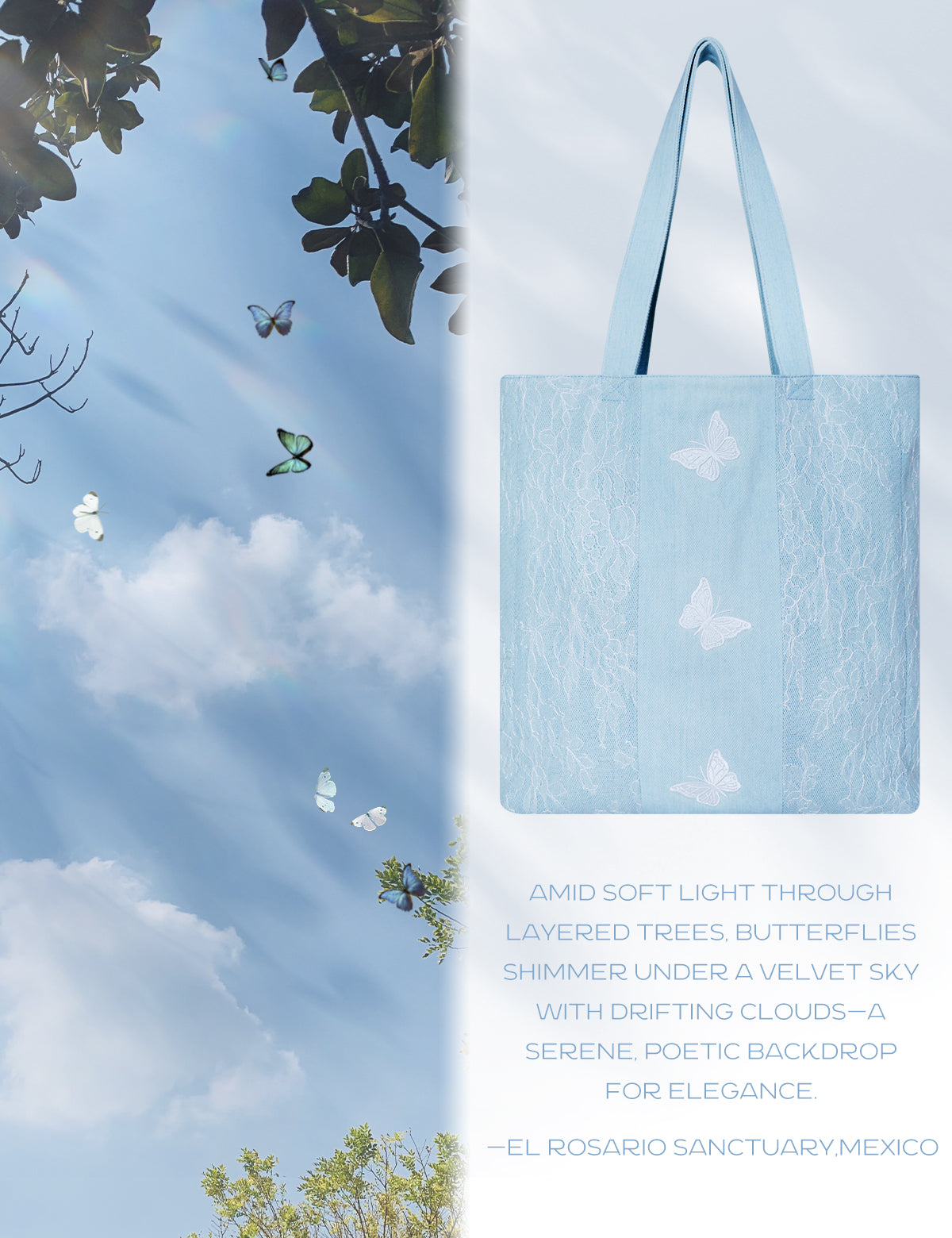 DENIM MUSEUM Azure Mirage Denim Tote Bag - Dreamy Butterfly Accent Tote,Azure Flutter& Flutter Mirage for Young Women