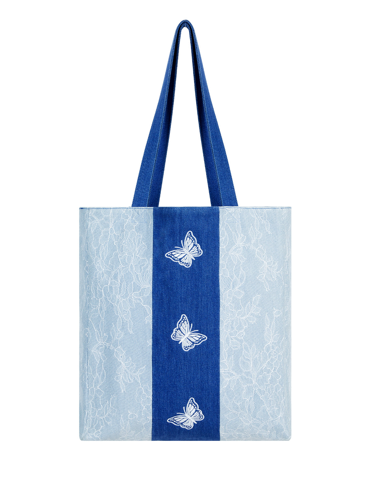 DENIM MUSEUM Azure Mirage Denim Tote Bag - Bolsa tote com detalhes de borboletas sonhadoras para mulheres jovens, Azure Flutter e Flutter Mirage