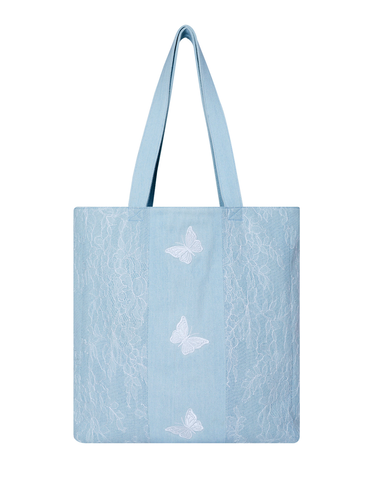 DENIM MUSEUM Azure Mirage Denim Tote Bag - Bolsa tote com detalhes de borboletas sonhadoras para mulheres jovens, Azure Flutter e Flutter Mirage