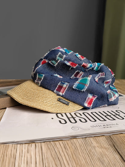 Trendy Patchwork Beret Cap with Colorful Plaid Patches and Straw Brim - Unique Streetwear Design for Casual Outings and Outdoor Events for Unisex