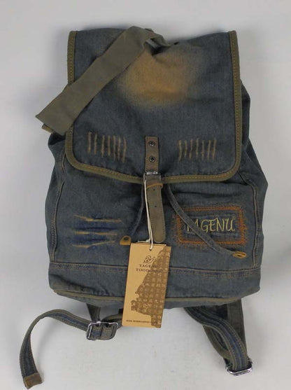 Original Distressed Denim Backpack with Buckle Strap and Patch Details - Rugged and Stylish Design, Ideal for Daily Wear and Travel  for Unisex