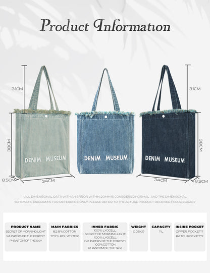 DENIM MUSEUM Forest of Solitude Denim Tote – Três tons de azul inspirados na mística da natureza, com detalhes de franjas sonhadoras