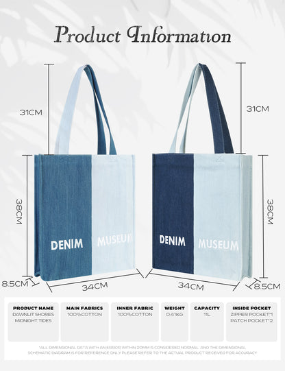 DENIM MUSEUM Original Denim Tote Bag - Vintage Dual-Tone Large Capacity Casual Shoulder Bag, Ethereal Horizons Series  for Unisex