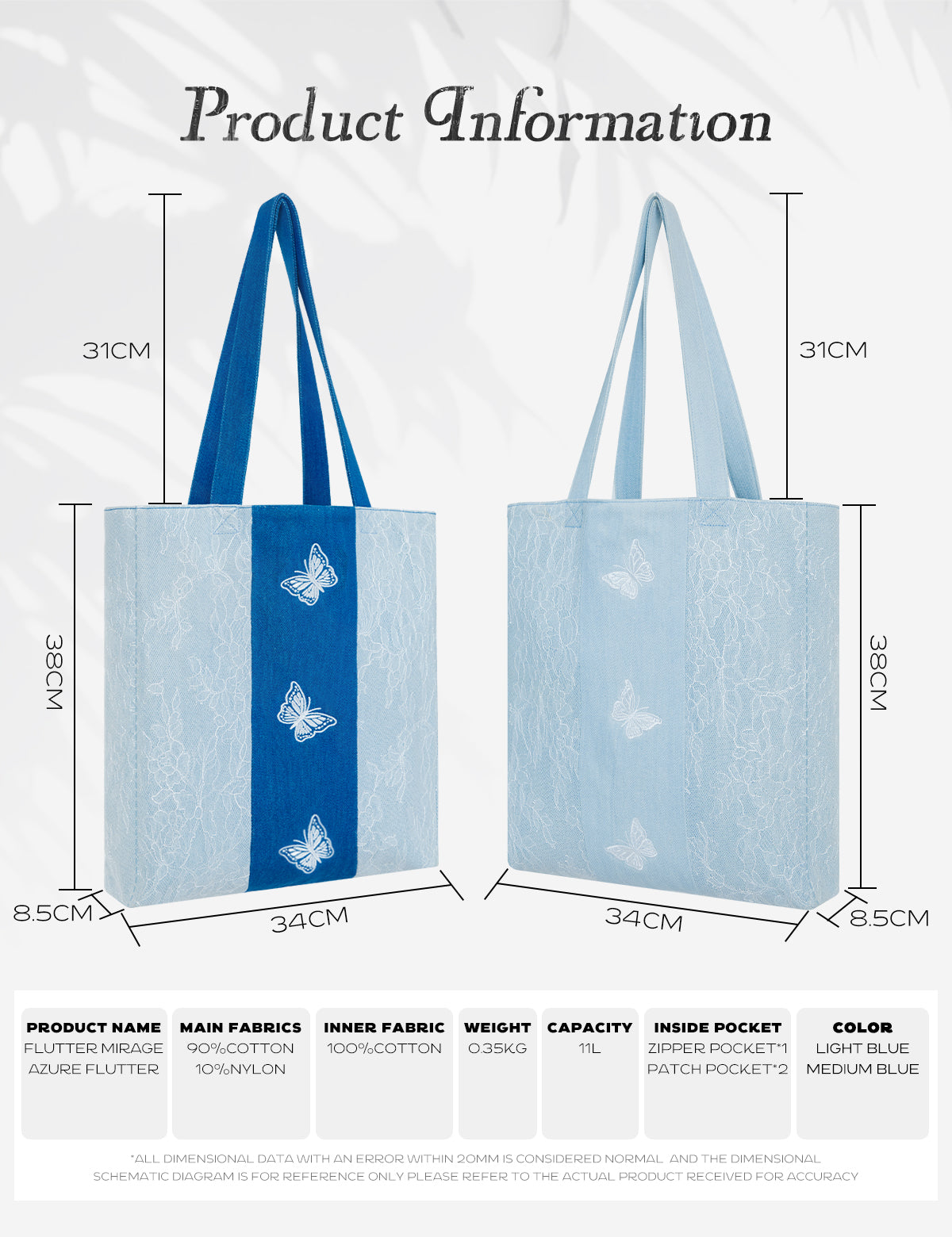 DENIM MUSEUM Azure Mirage Denim Tote Bag - Bolsa tote com detalhes de borboletas sonhadoras para mulheres jovens, Azure Flutter e Flutter Mirage